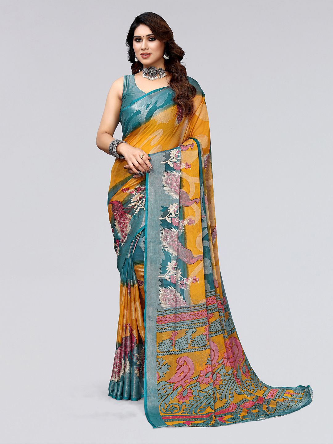 

KALINI Floral Printed Zari Brasso Saree, Mustard