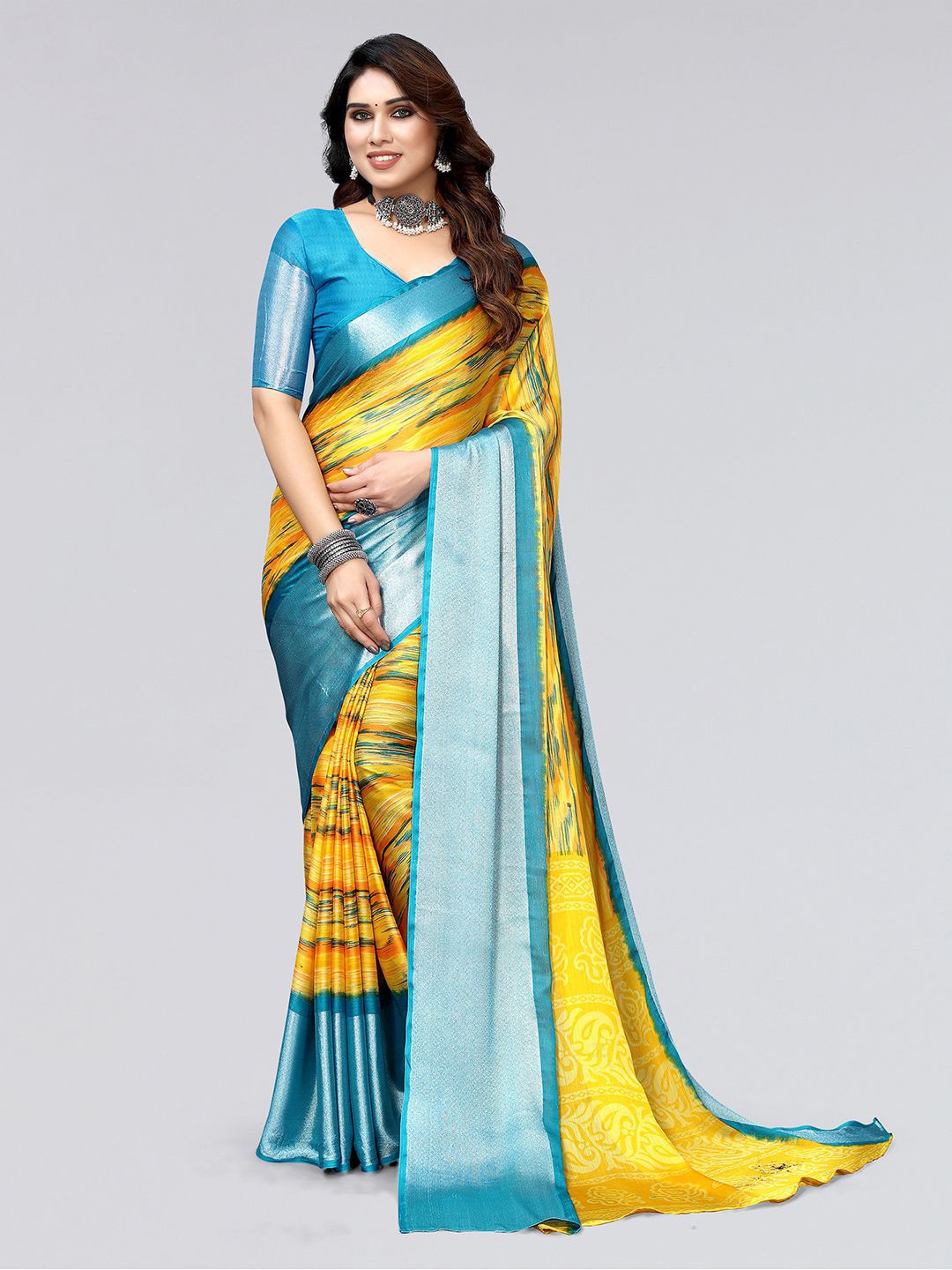 

SIRIL Striped Zari Poly Chiffon Saree, Yellow