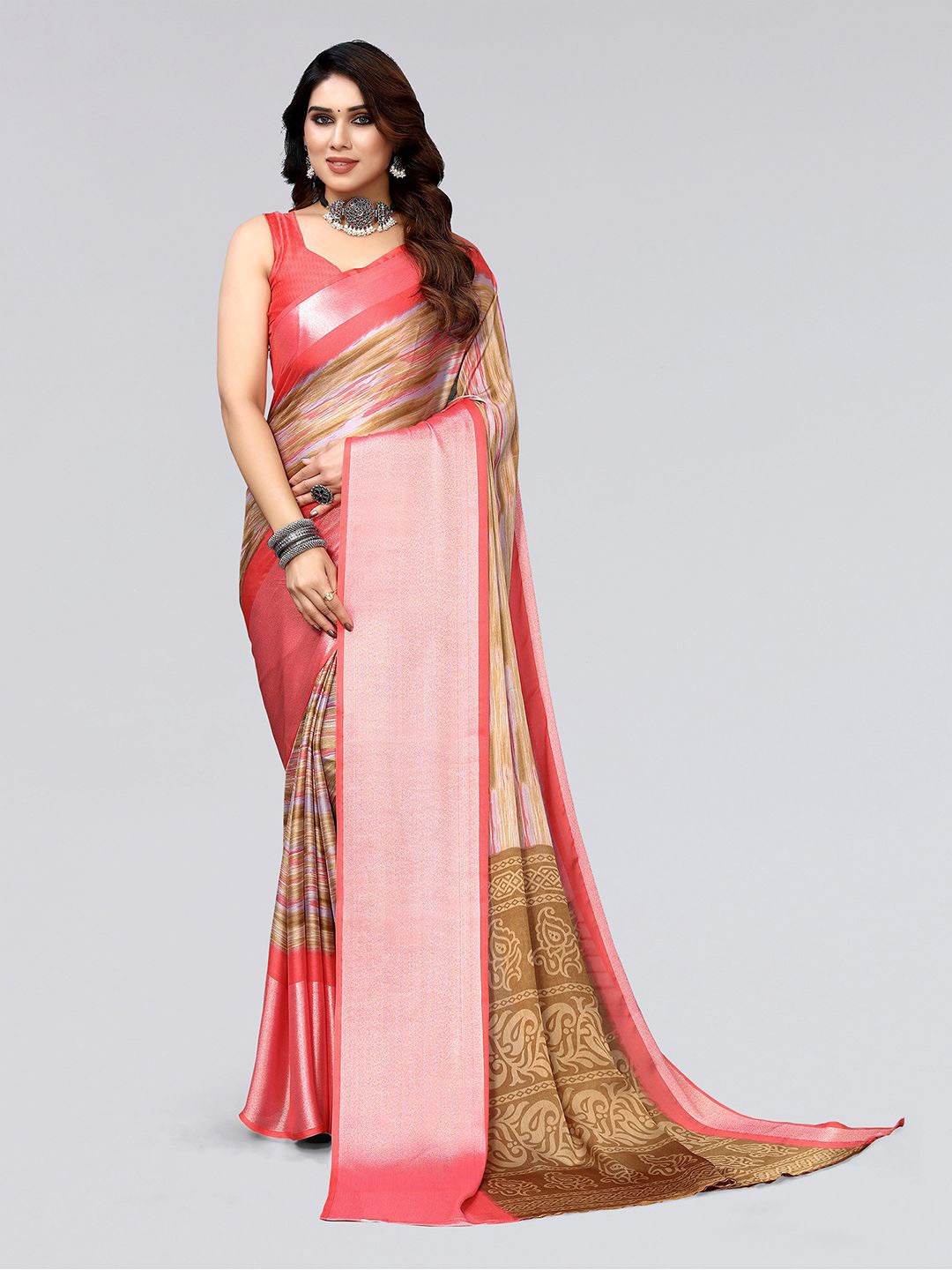 

SIRIL Striped Zari Poly Chiffon Saree, Brown