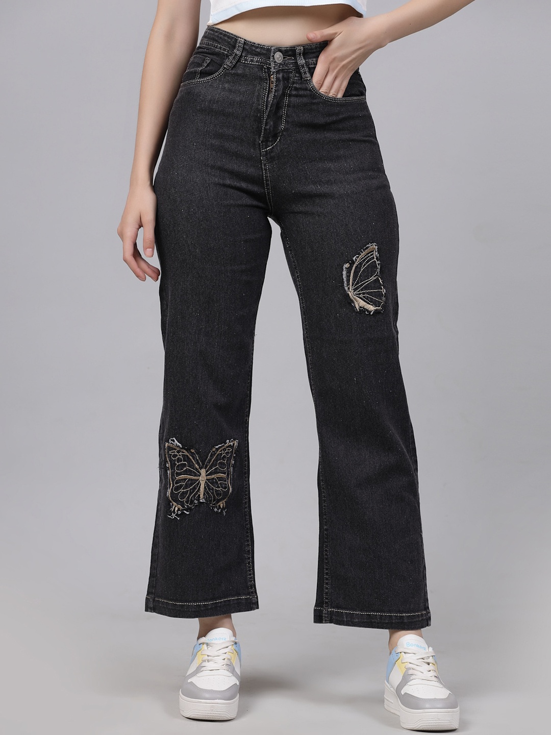 

DressBerry Women Wide Leg High-Rise Embroidered Jeans, Charcoal