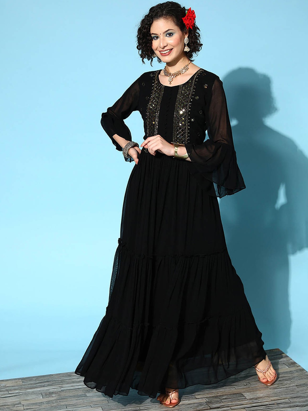 

ODETTE Yoke Design Flared Sleeves Mirror Work Anarkali Kurta, Black