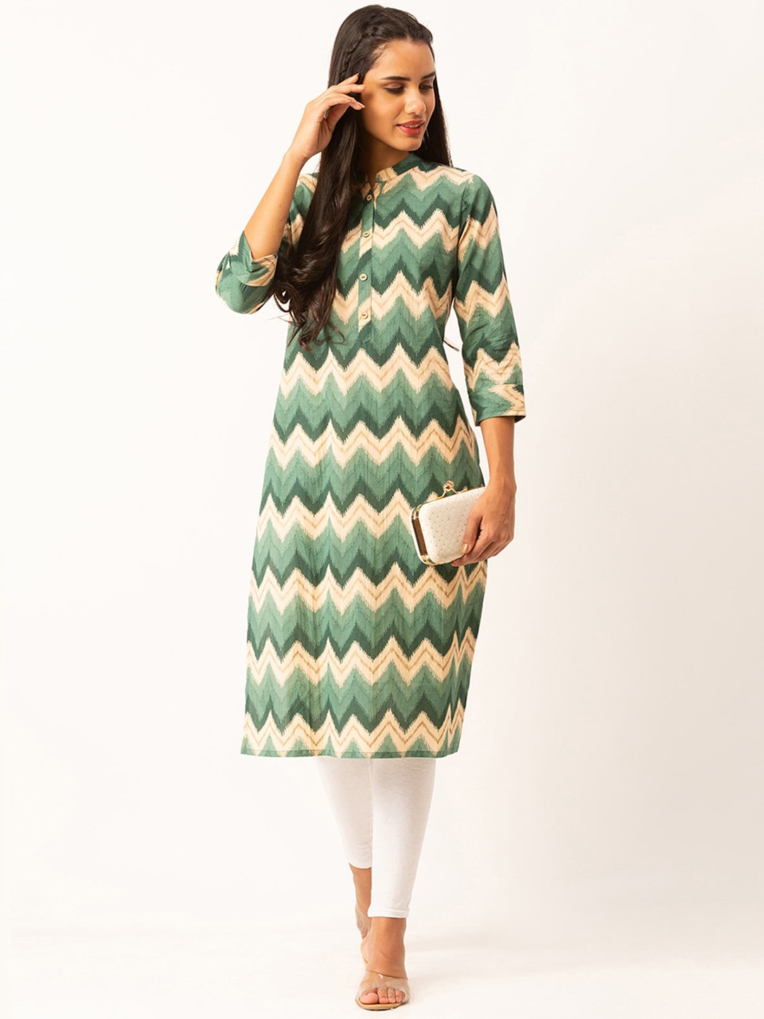 

ODETTE Geometric Printed Mandarin Collar Straight Kurta, Green