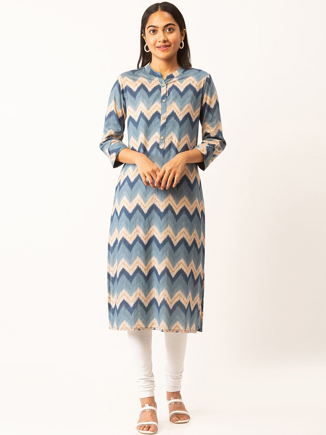 

ODETTE Chevron Printed Straight Kurta, Blue