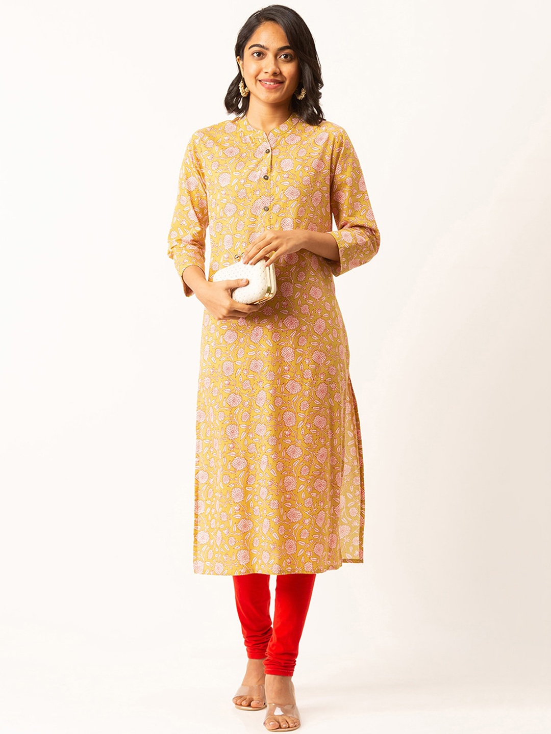 

ODETTE Women Mustard Yellow Floral Printed Chikankari Kurta