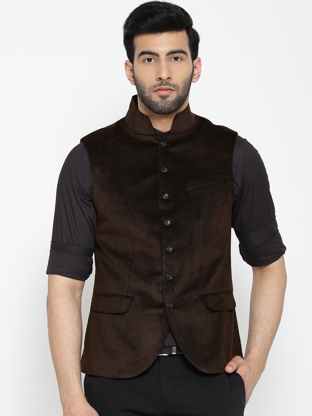 

Blackberrys Brown Self-Design Slim Fit Nehru Jacket