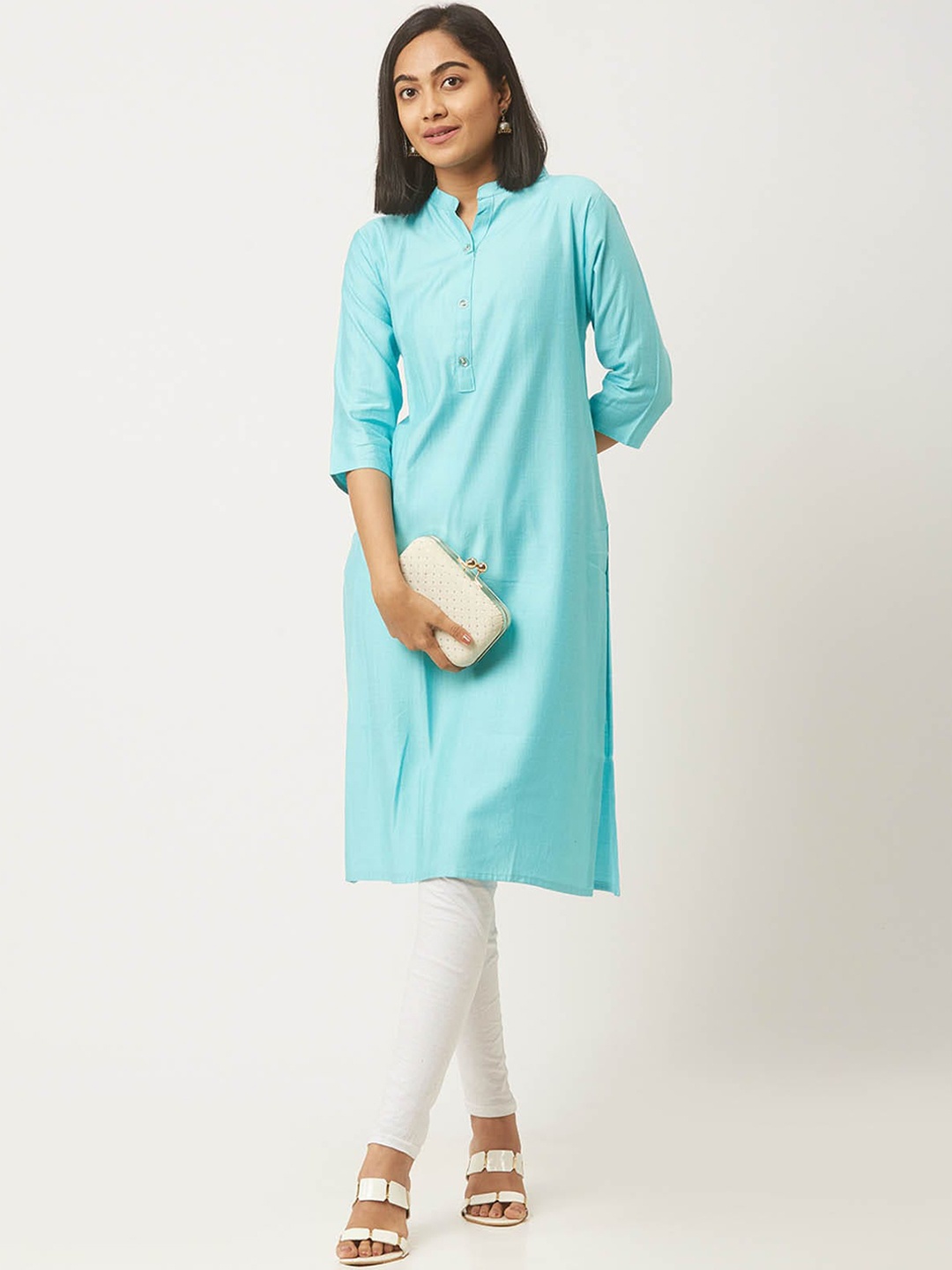 

ODETTE Mandarin Collar Straight Kurta, Blue