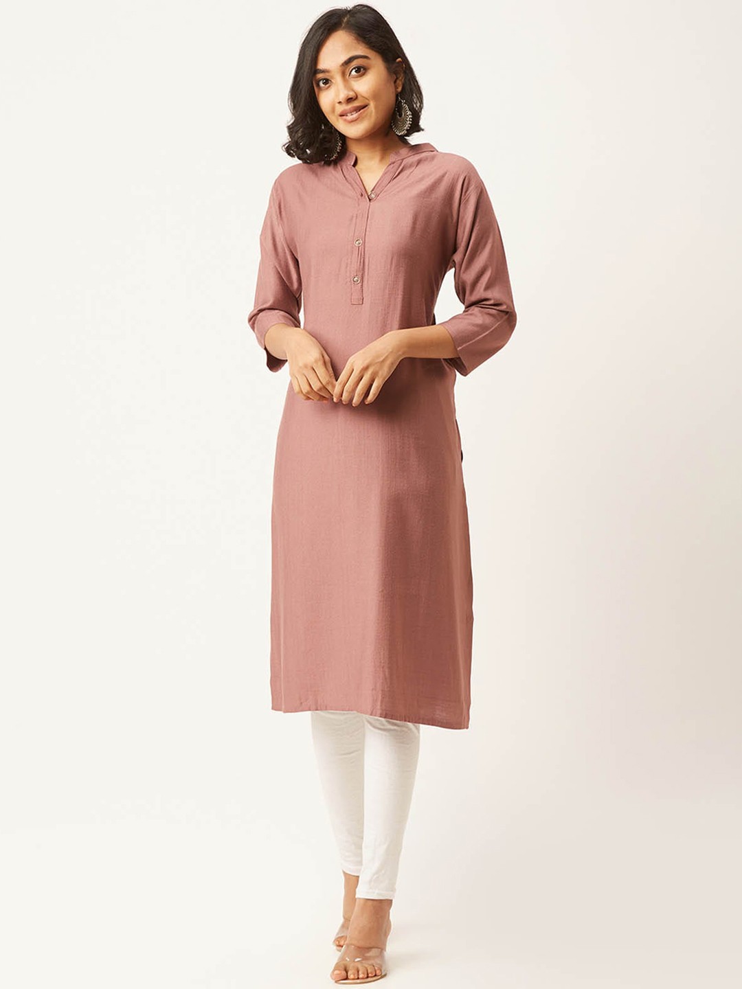 

ODETTE Mnadarin Collar Straight Regular Kurta, Pink