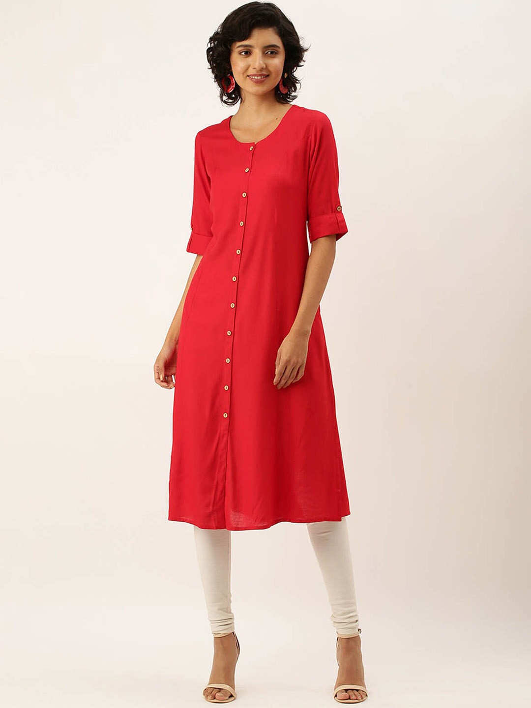 

ODETTE Roll-Up Sleeves Panelled A-line Kurta, Red