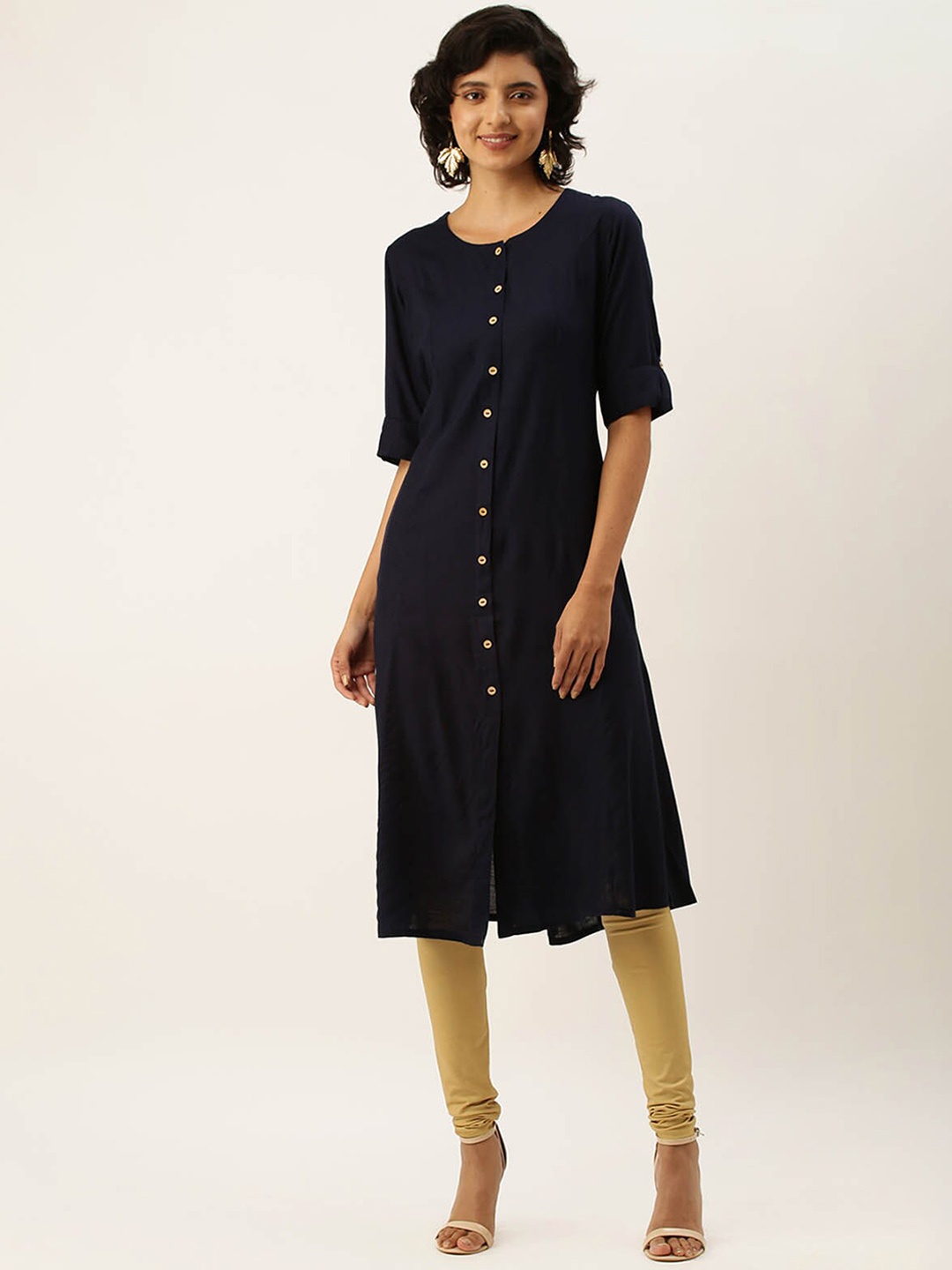 

ODETTE Roll-Up Sleeves Panelled A-line Kurta, Navy blue