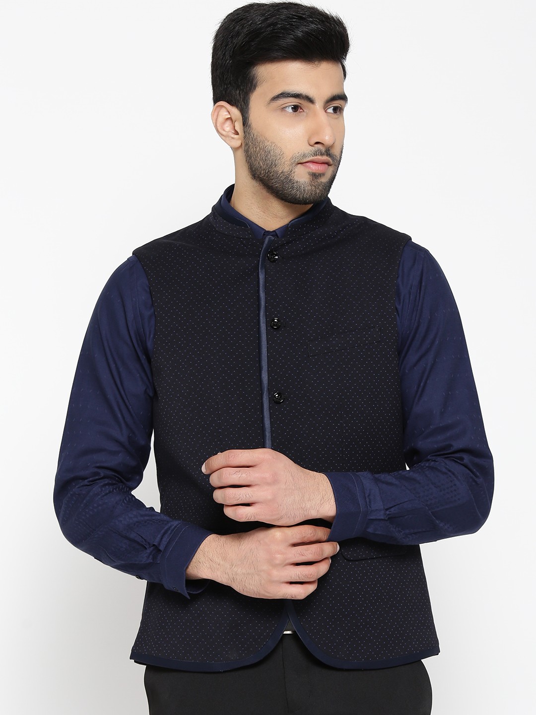 

Blackberrys Navy Self-Design Slim Fit Nehru Jacket, Navy blue