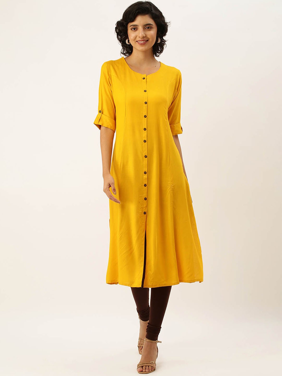 

ODETTE Scoop Neck Roll-Up Sleeves A-Line Kurta, Yellow