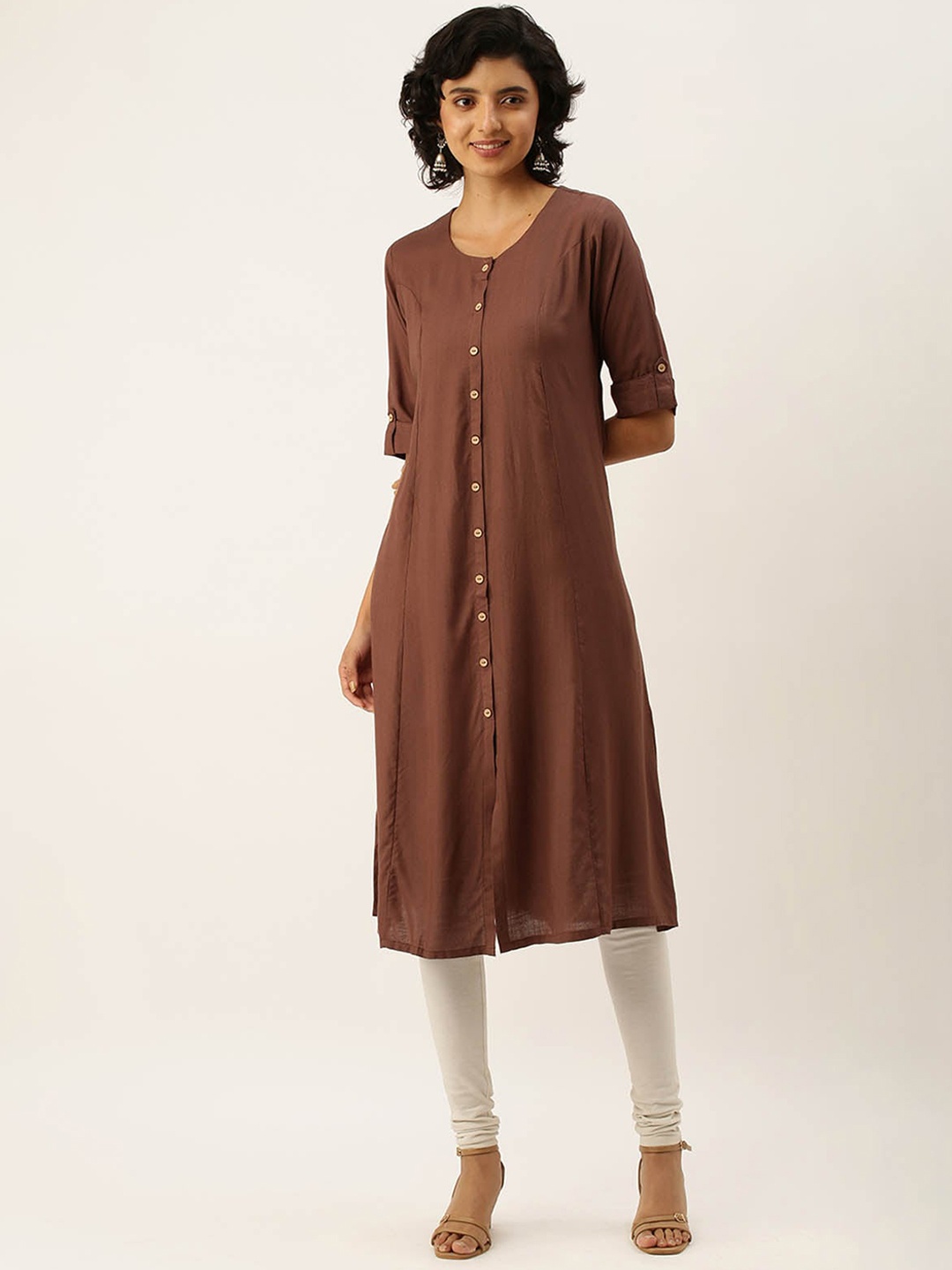 

ODETTE Scoop Neck Roll-Up Sleeves A-Line Kurta, Burgundy