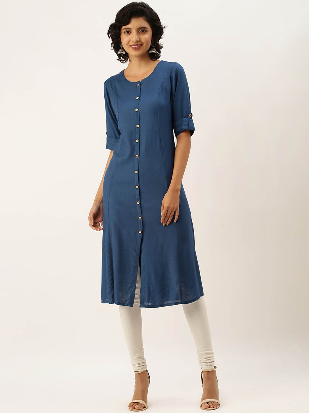 

ODETTE Scoop Neck Roll-Up Sleeves A-Line Kurta, Blue