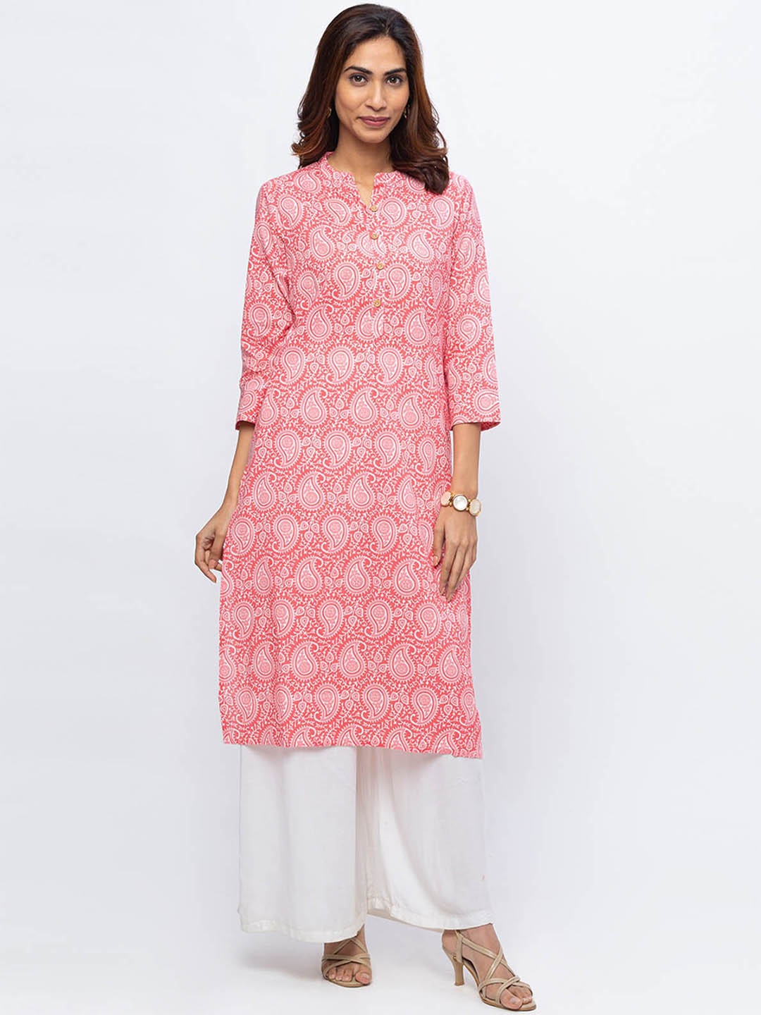 

ODETTE Ethnic Motifs Printed Mandarin Collar Cotton Kurta, Pink