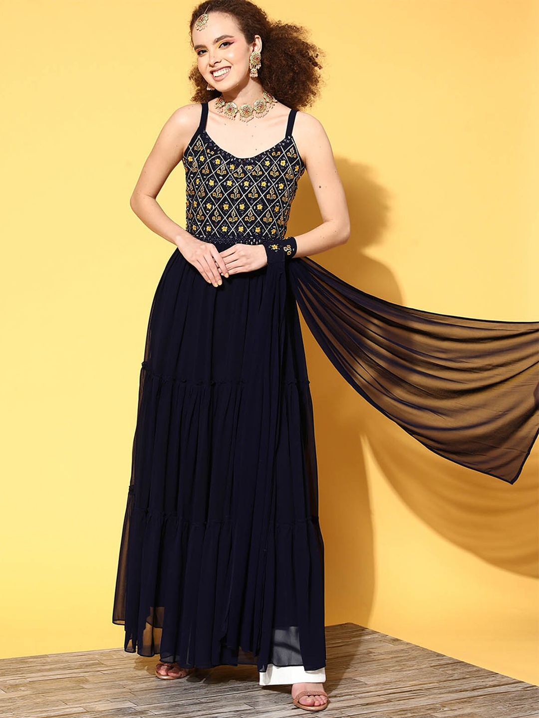 

ODETTE Women Navy Blue Embellished Georgette Anarkali Kurta And Dupatta