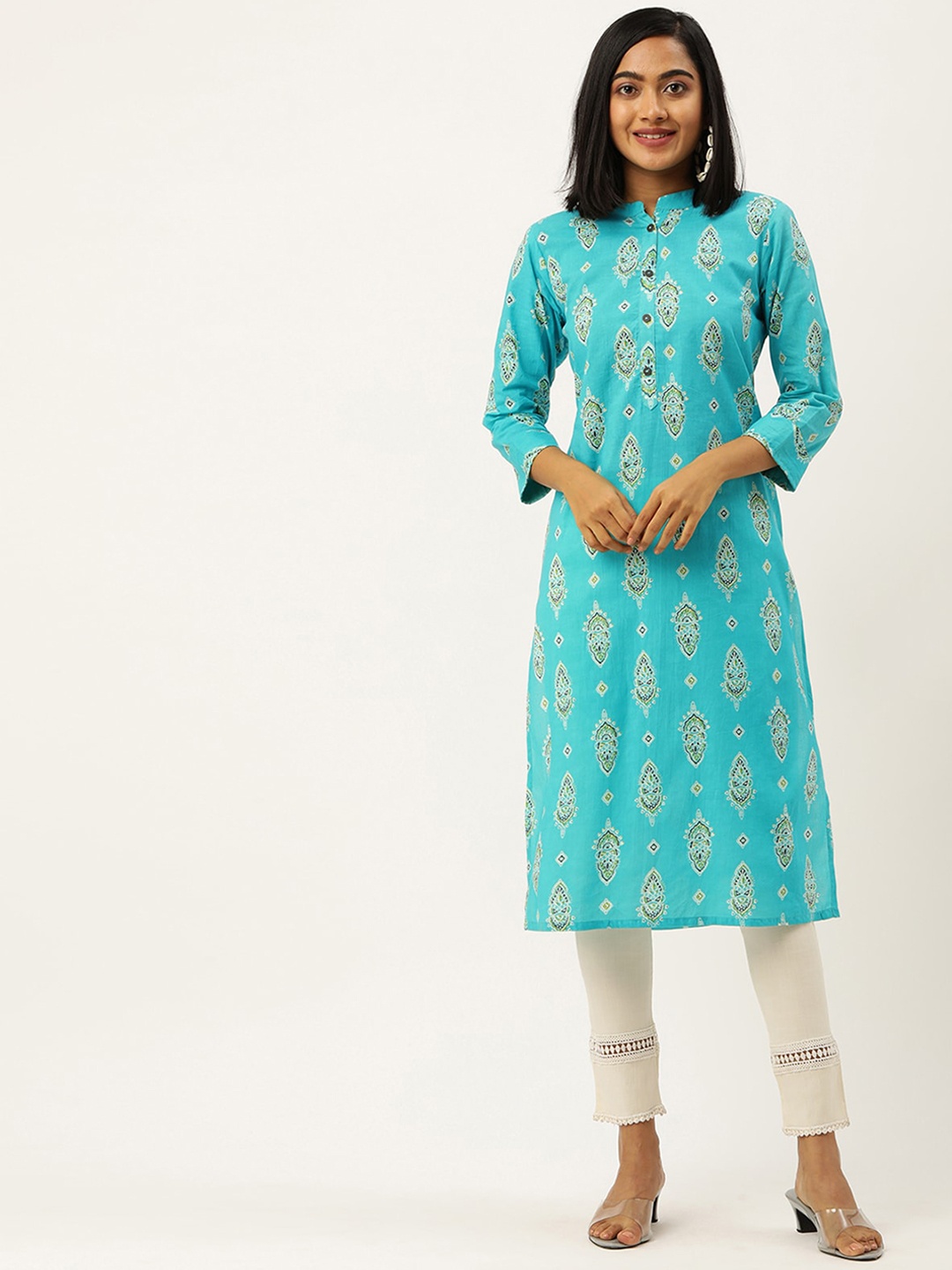 

ODETTE Ethnic Motifs Printed Mandarin Collar Straight Kurta, Blue