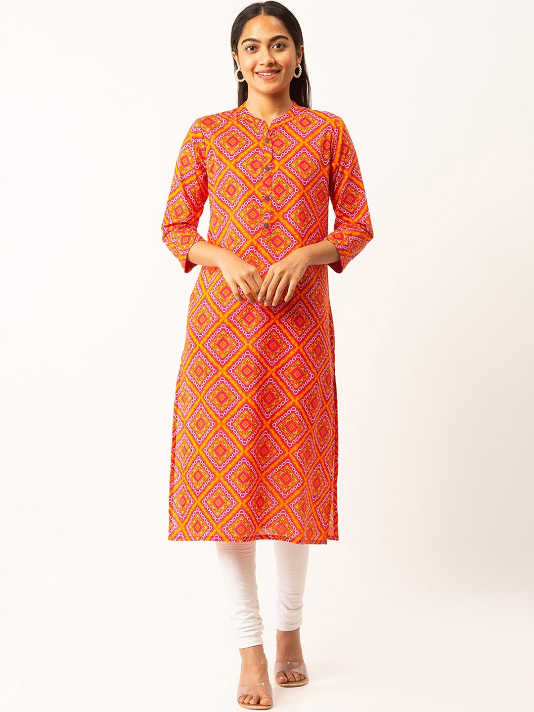 

ODETTE Ethnic Motifs Printed Mandarin Collar Cotton Kurta, Orange