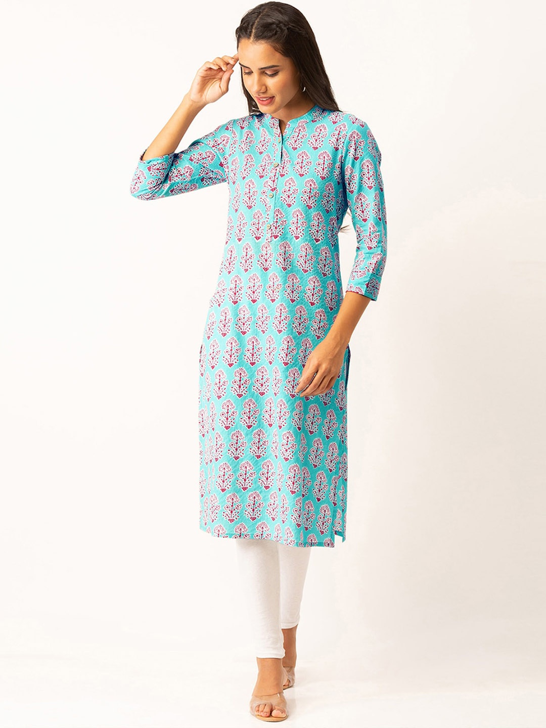 

ODETTE Floral Printed Mandarin Collar Cotton Kurta, Blue