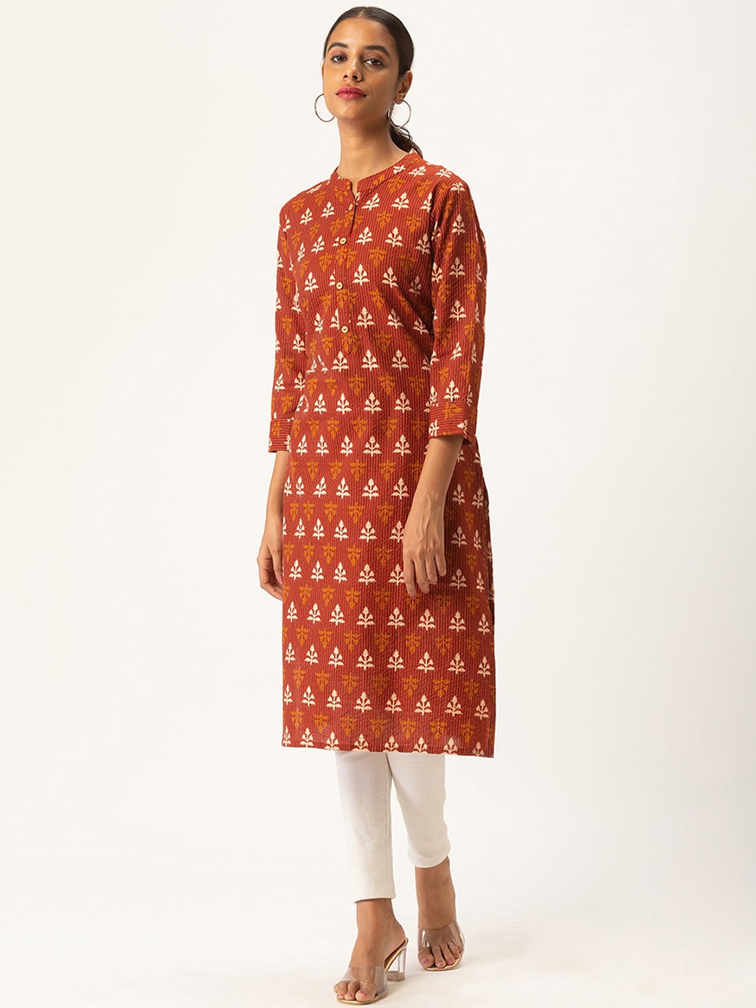 

ODETTE Floral Printed Mandarin Collar Cotton Kurta, Red