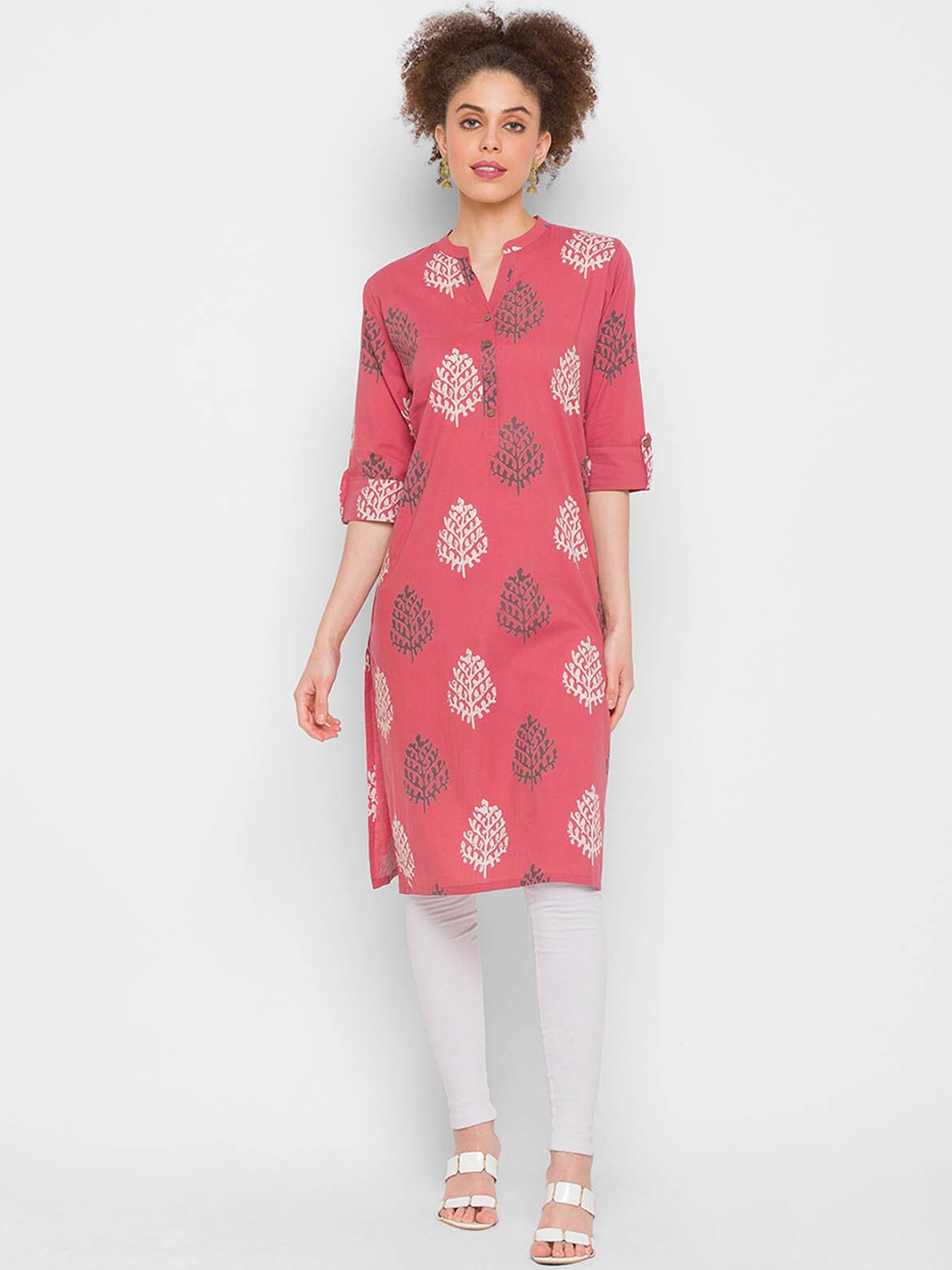 

ODETTE Abstract Printed Mandarin Collar Straight Kurta, Peach