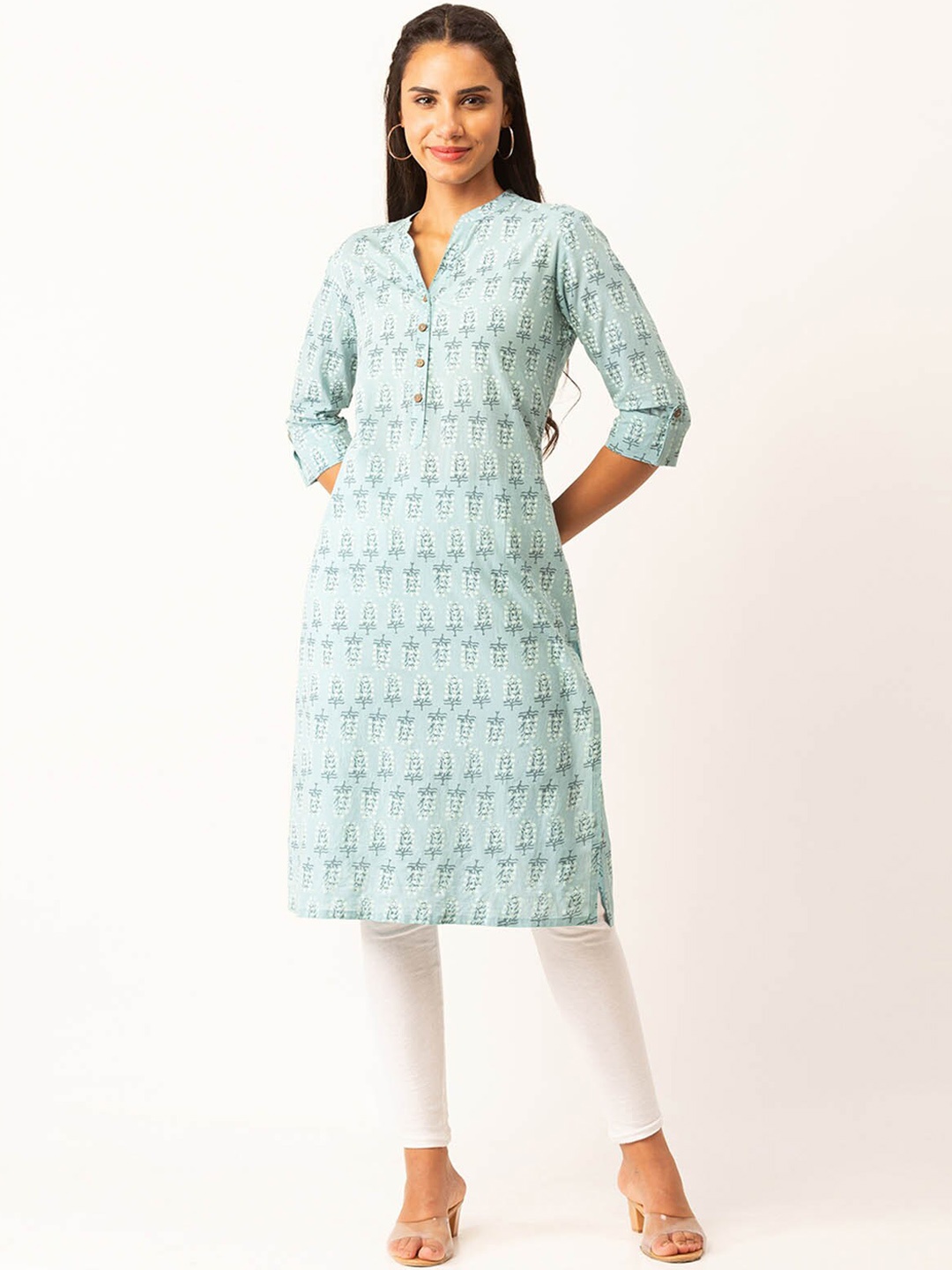 

ODETTE Abstract Printed Mandarin Collar Roll-Up Sleeves Straight Kurta, Blue