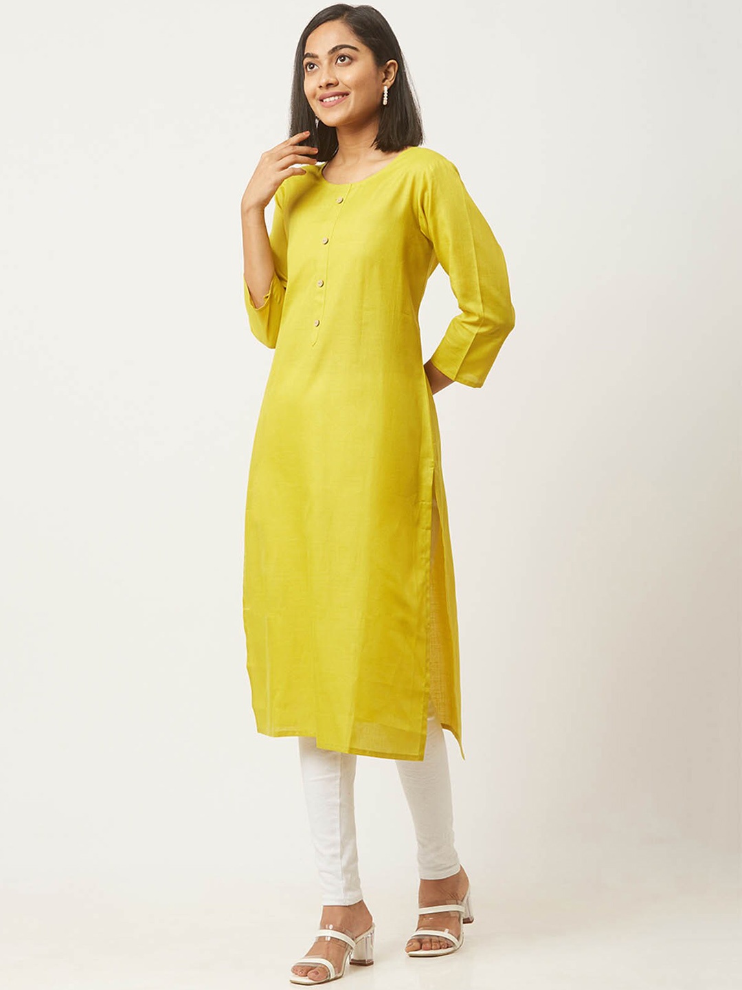 

ODETTE Round Neck Three-quarter Sleeves Straight Kurta, Green