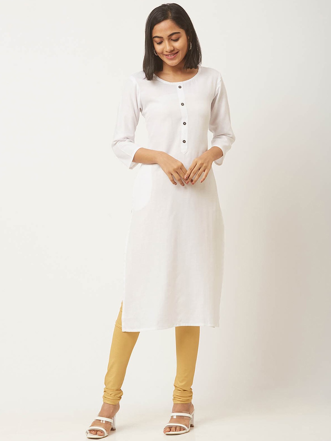 

ODETTE Round Neck Cotton Straight Kurta, White