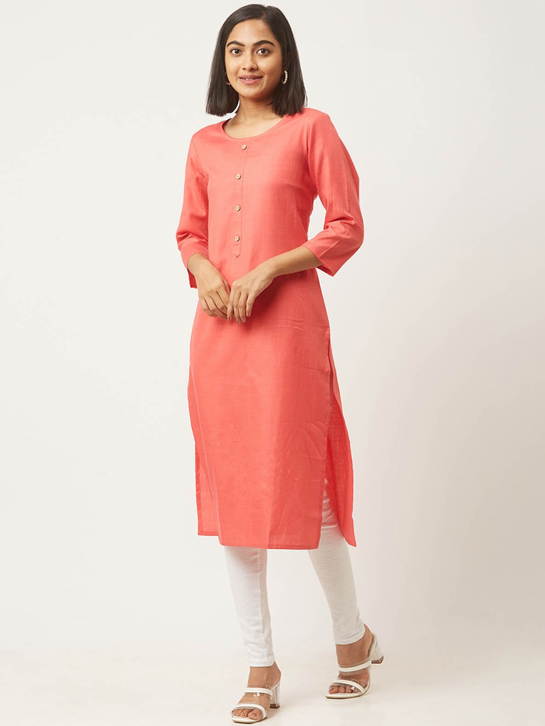 

ODETTE Round Neck Cotton Straight Kurta, Pink