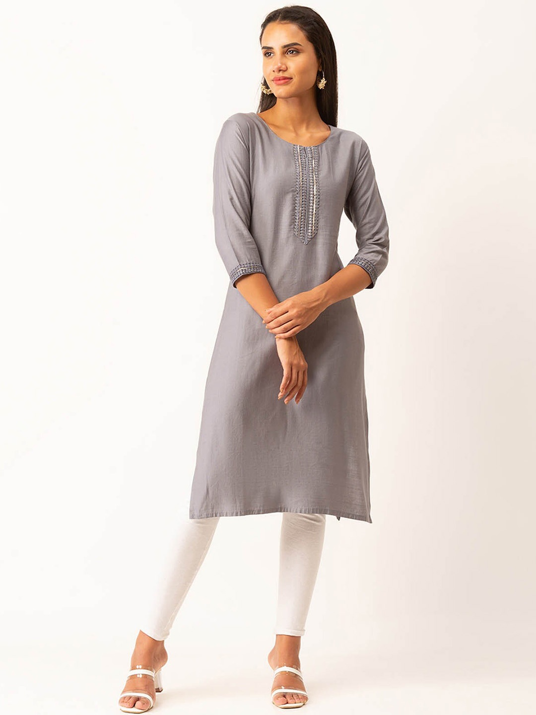 

ODETTE Yoke Design Straight Kurta, Grey