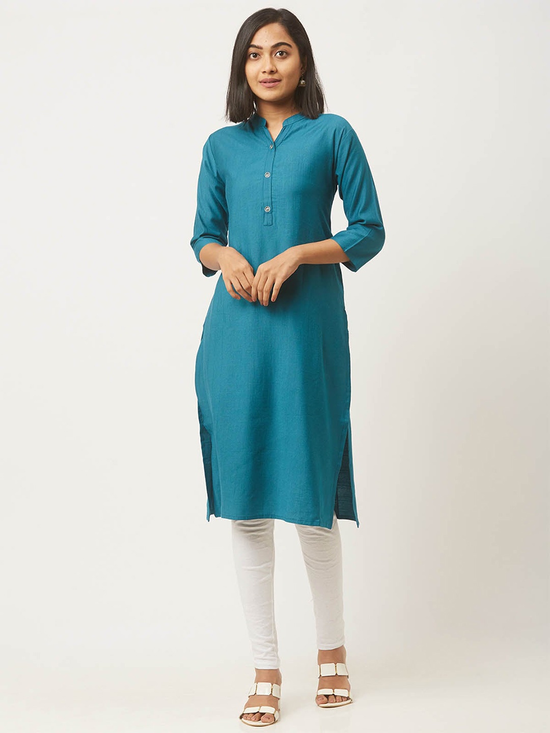 

ODETTE Mandarin Collar Straight Kurta, Teal