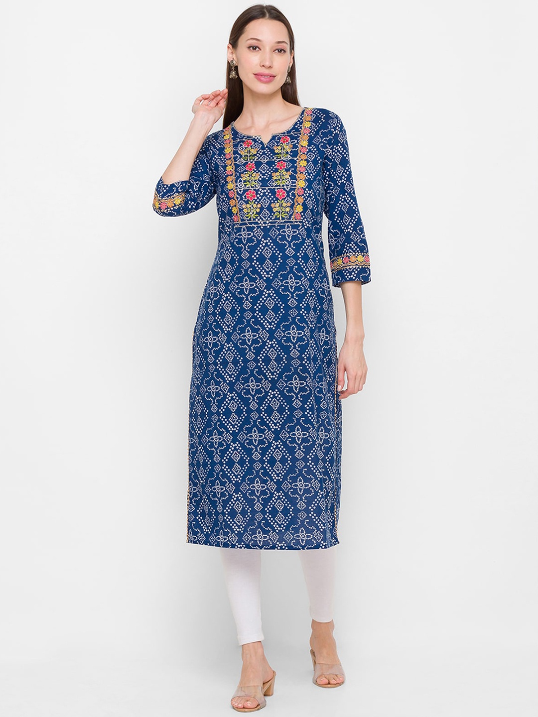 

ODETTE Ethnic Motifs Printed Thread work Gotta Patti And Sequin Straight Kurta, Blue