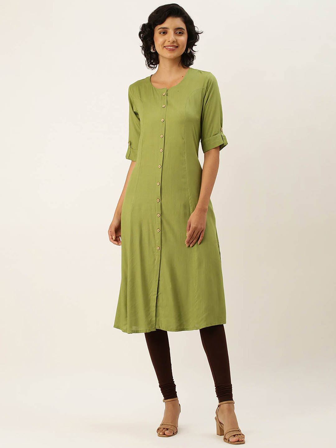 

ODETTE Round Neck Roll Up Sleeves Straight Kurta, Green