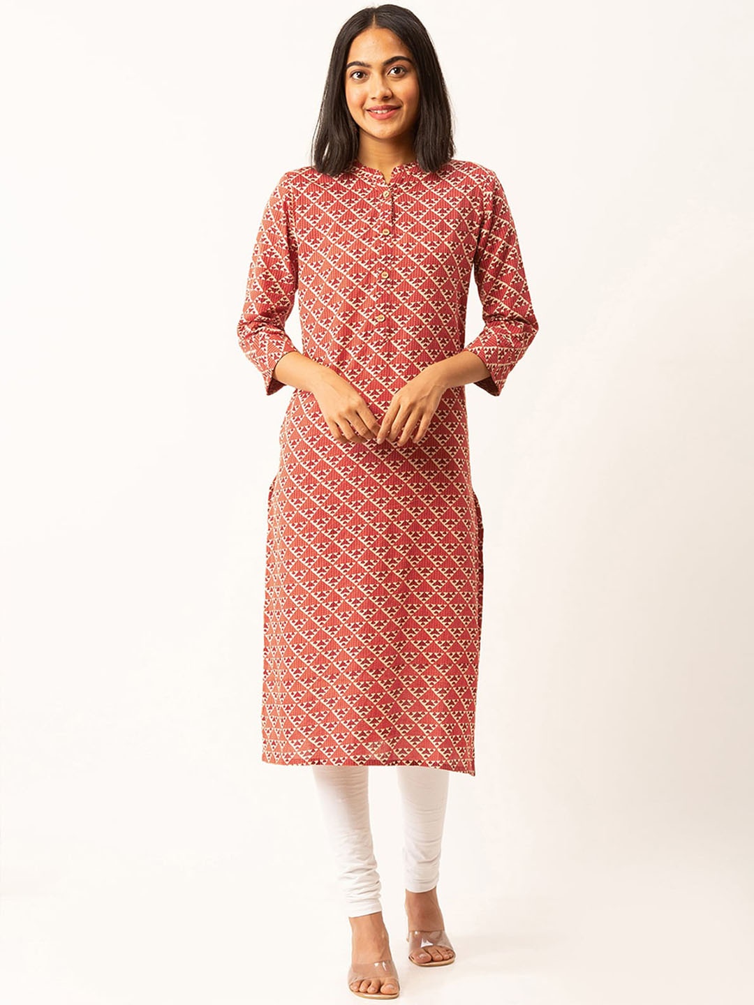 

ODETTE Geometric Printed Mandarin collar Thread Work Straight Kurta, Maroon