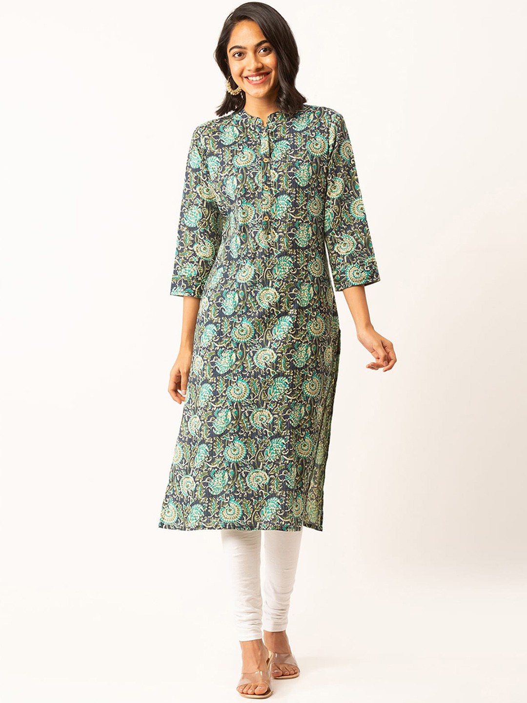 

ODETTE Ethnic Motifs Printed Mandarin Collar Cotton Straight Kurta, Blue