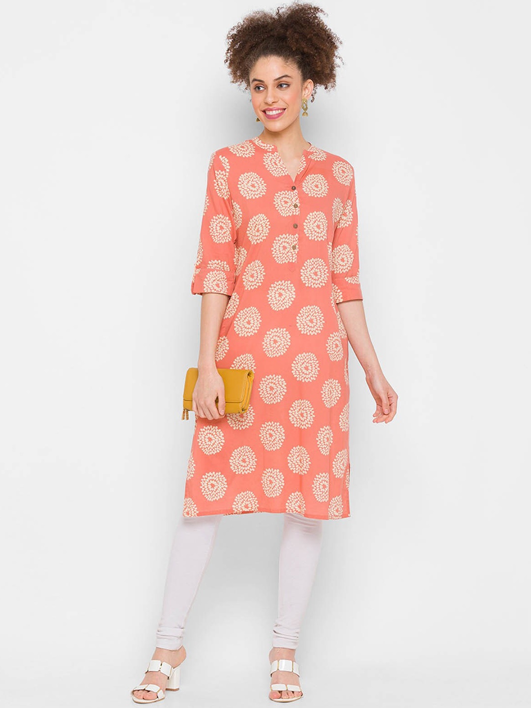 

ODETTE Ethnic Motifs Printed Mandarin Collar Cotton Straight Kurta, Peach