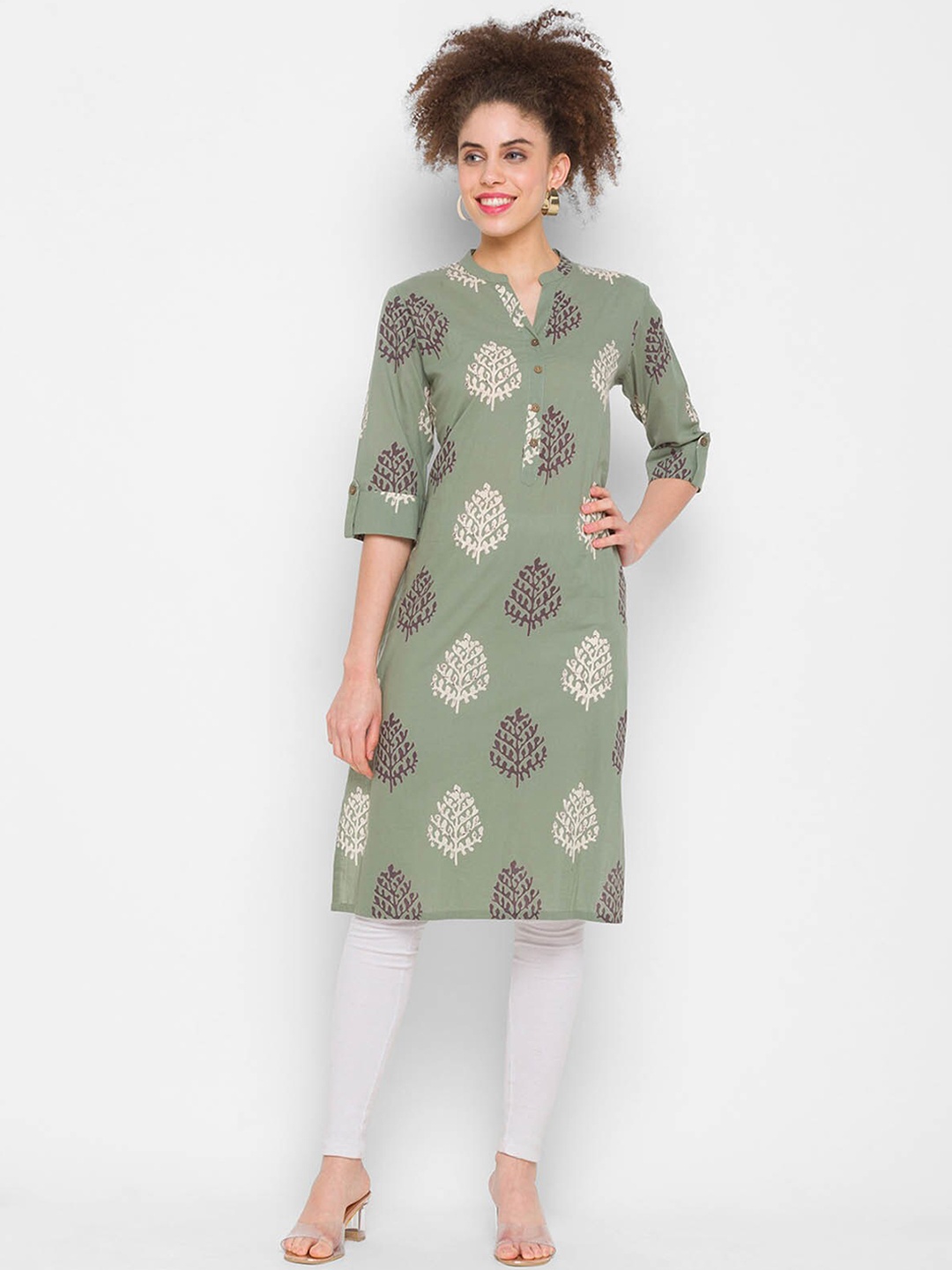 

ODETTE Ethnic Motifs Printed Straight Kurta, Green
