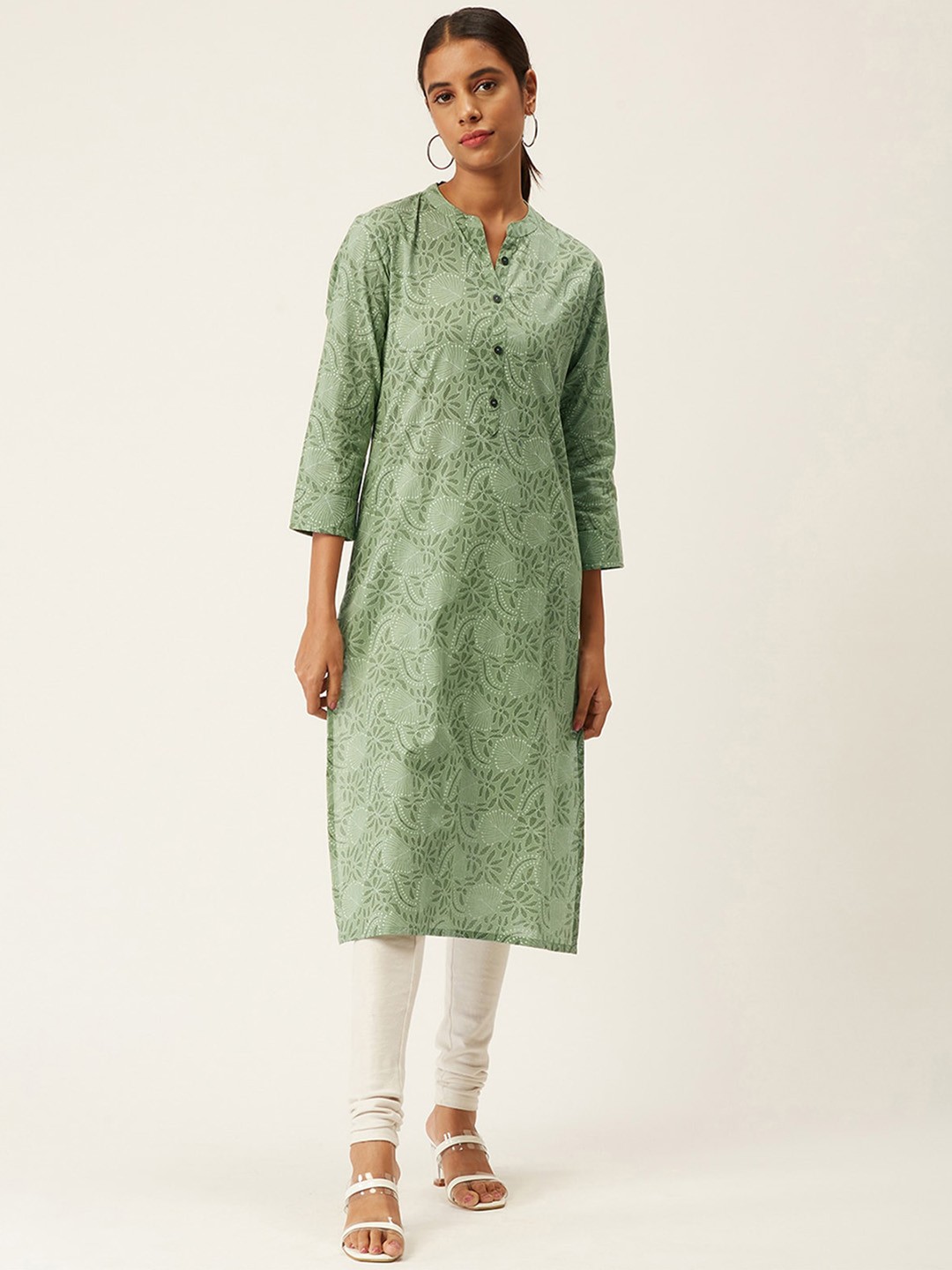 

ODETTE Floral Printed Straight Kurta, Green