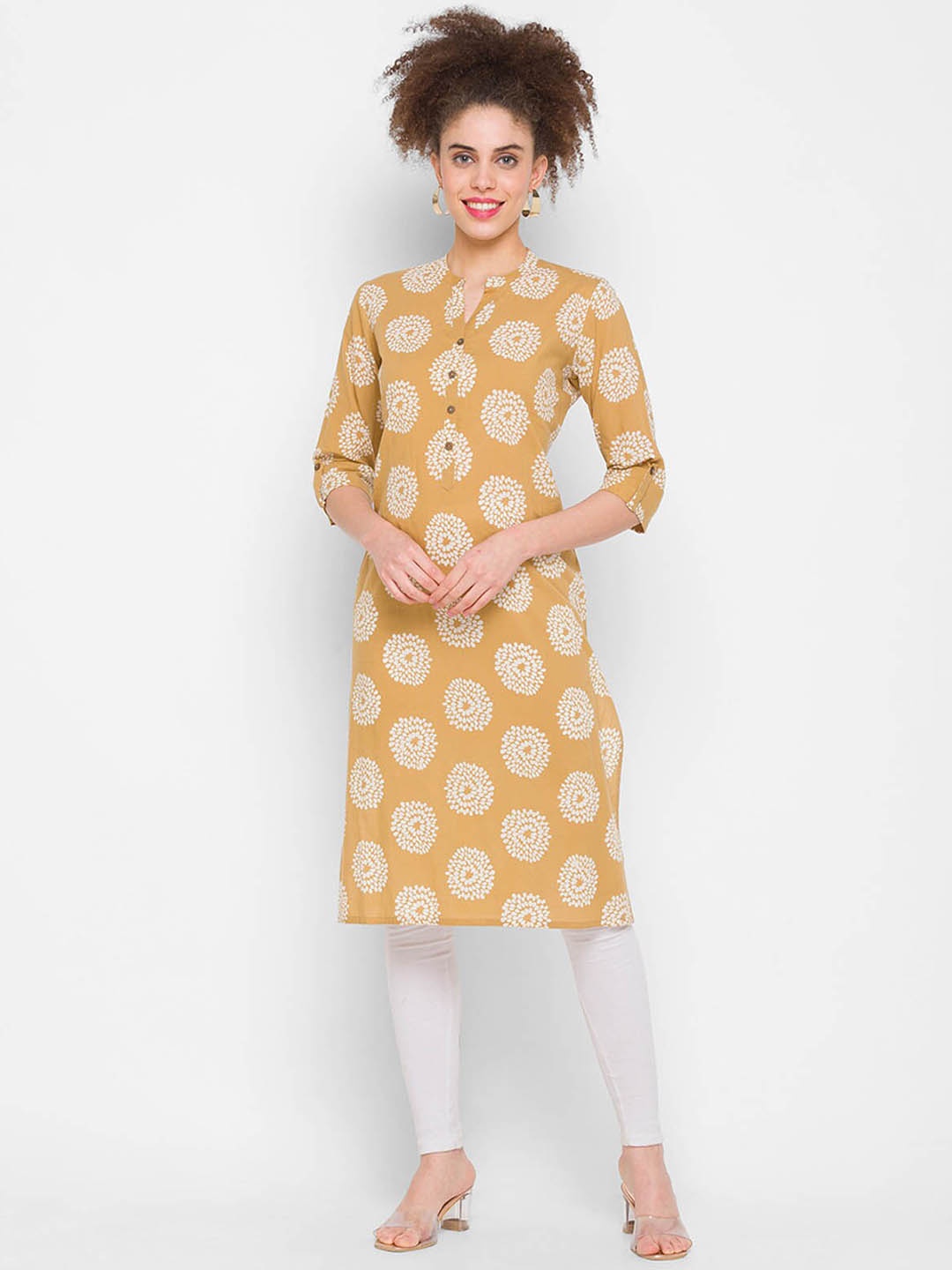 

ODETTE Floral Printed Straight Kurta, Mustard