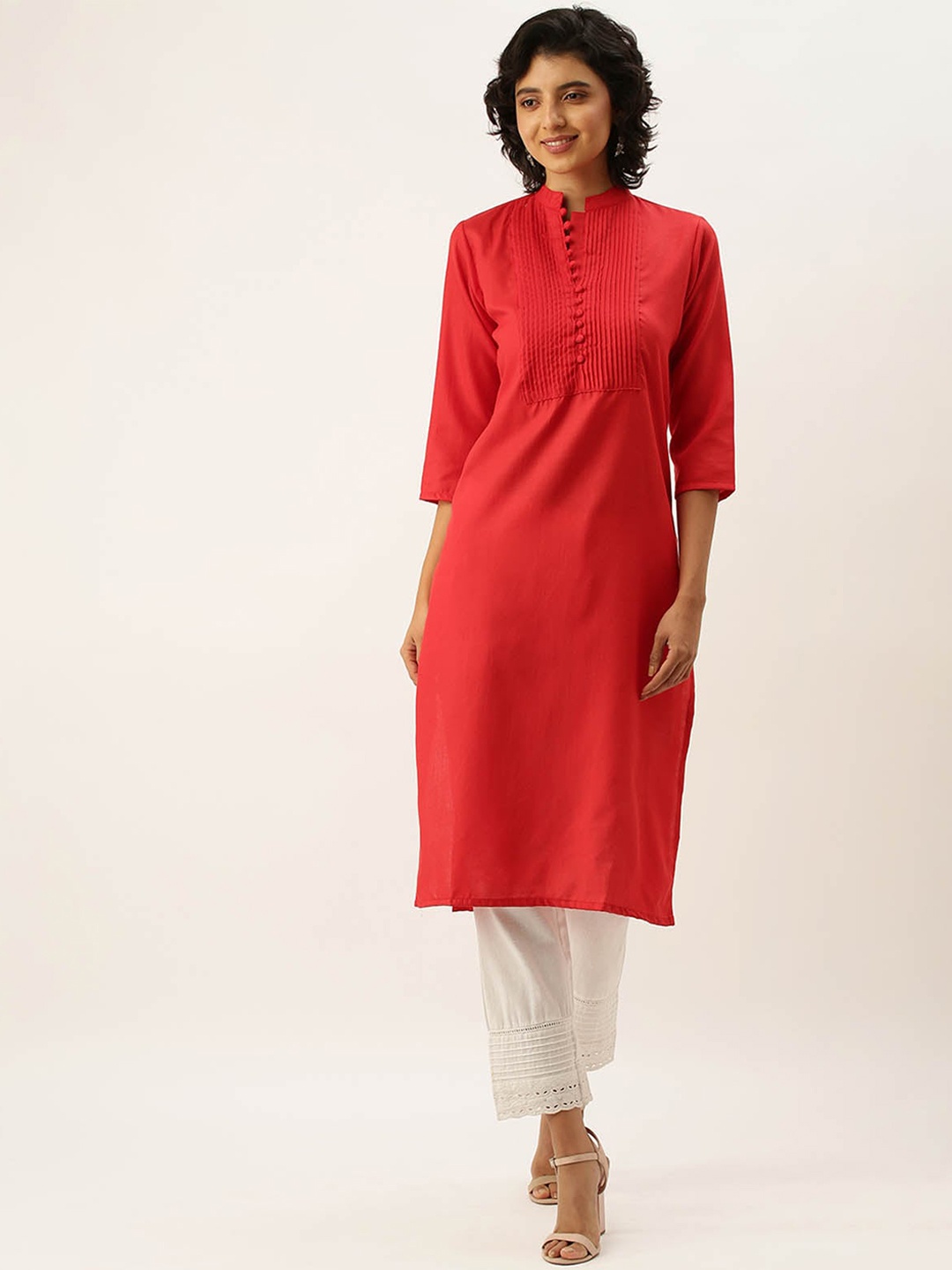 

ODETTE Yoke Design Mandarin Collar Straight Kurta, Red