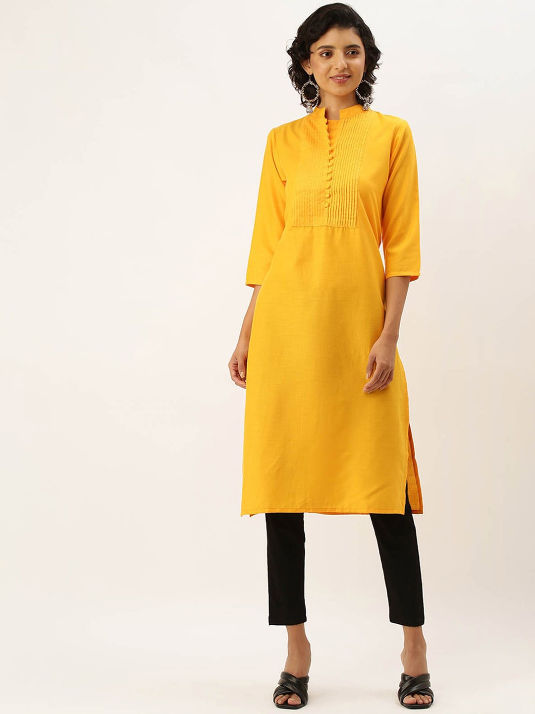 

ODETTE Mandarin Collar Straight Kurta, Yellow