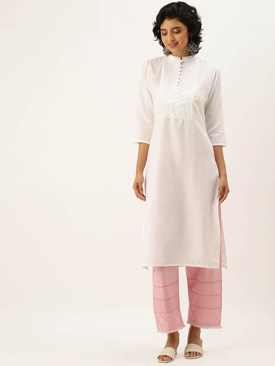 

ODETTE Mandarin Collar Straight Kurta, White