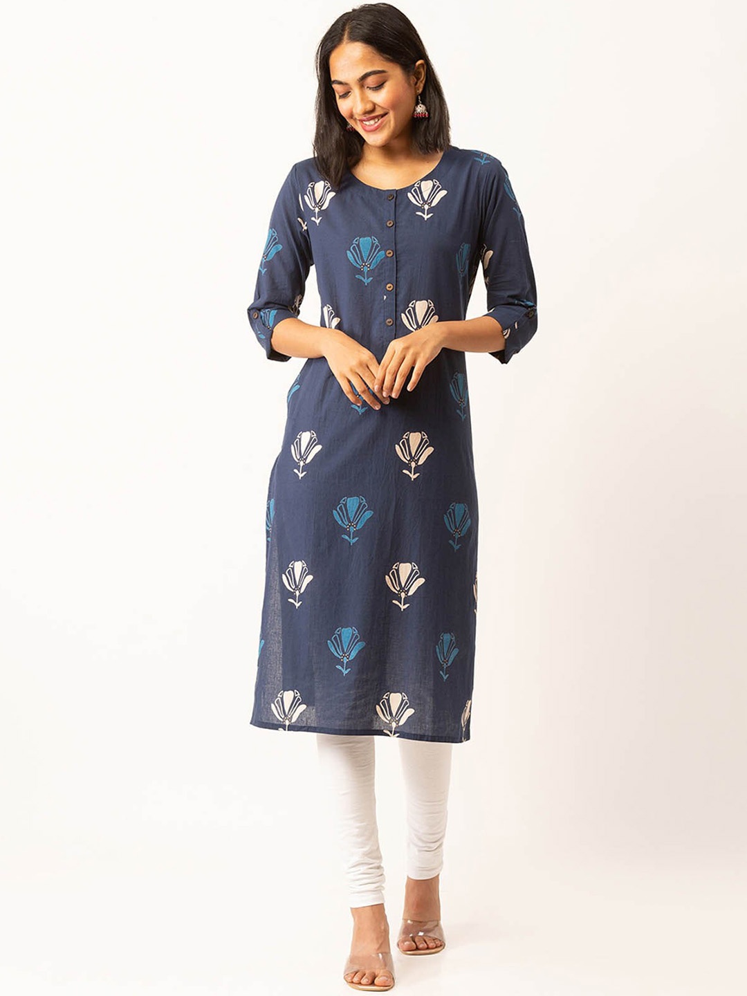 

ODETTE Floral Printed Straight Kurta, Blue