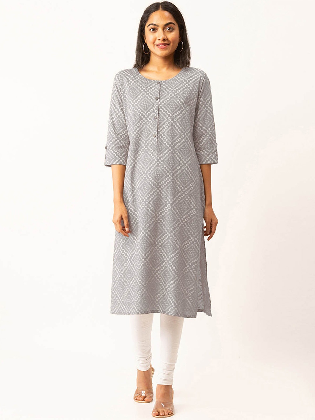 

ODETTE Geometric Printed Pure Cotton Straight Kurta, Grey