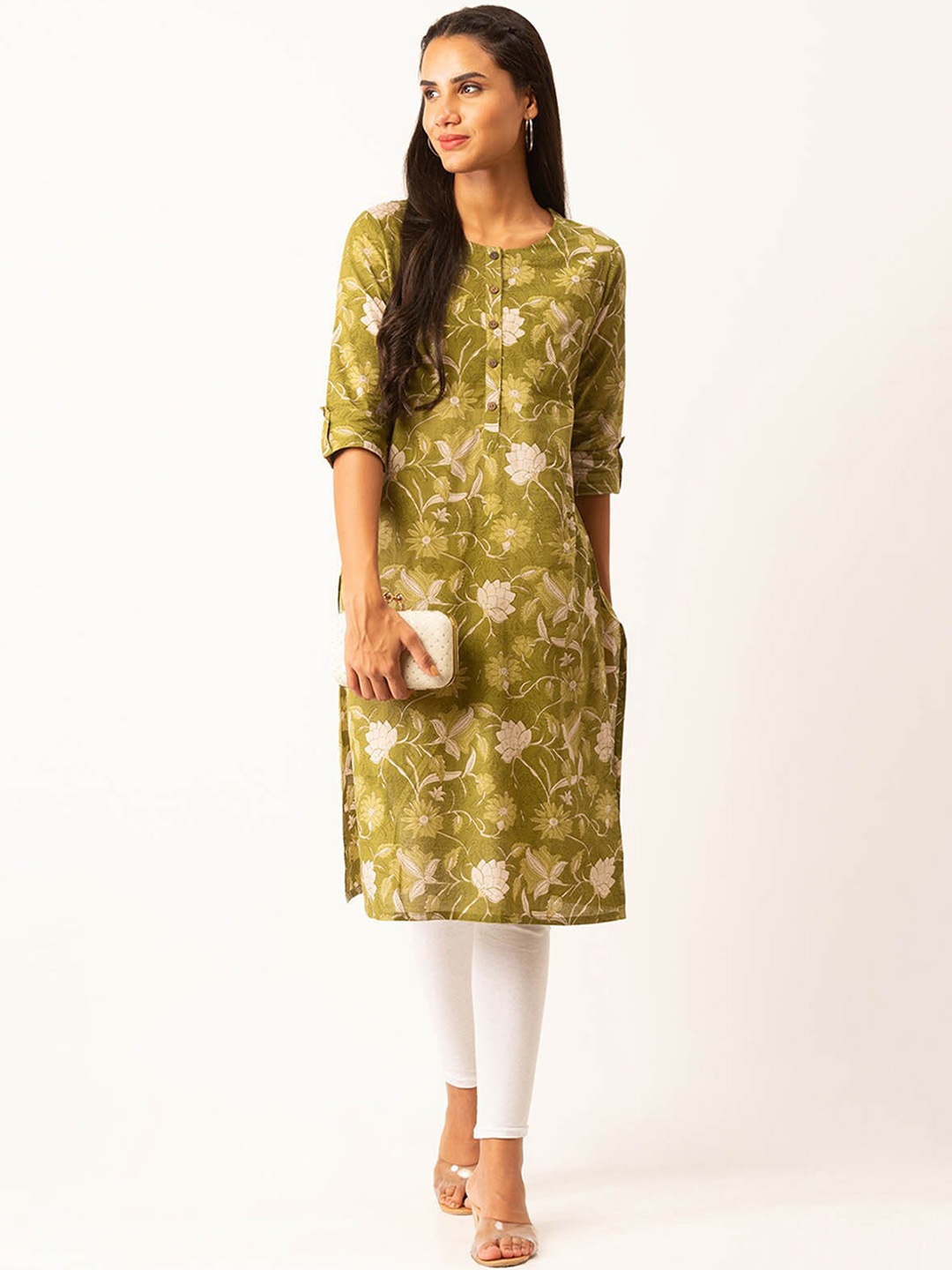 

ODETTE Floral Printed Roll Up Sleeves Kurta, Green
