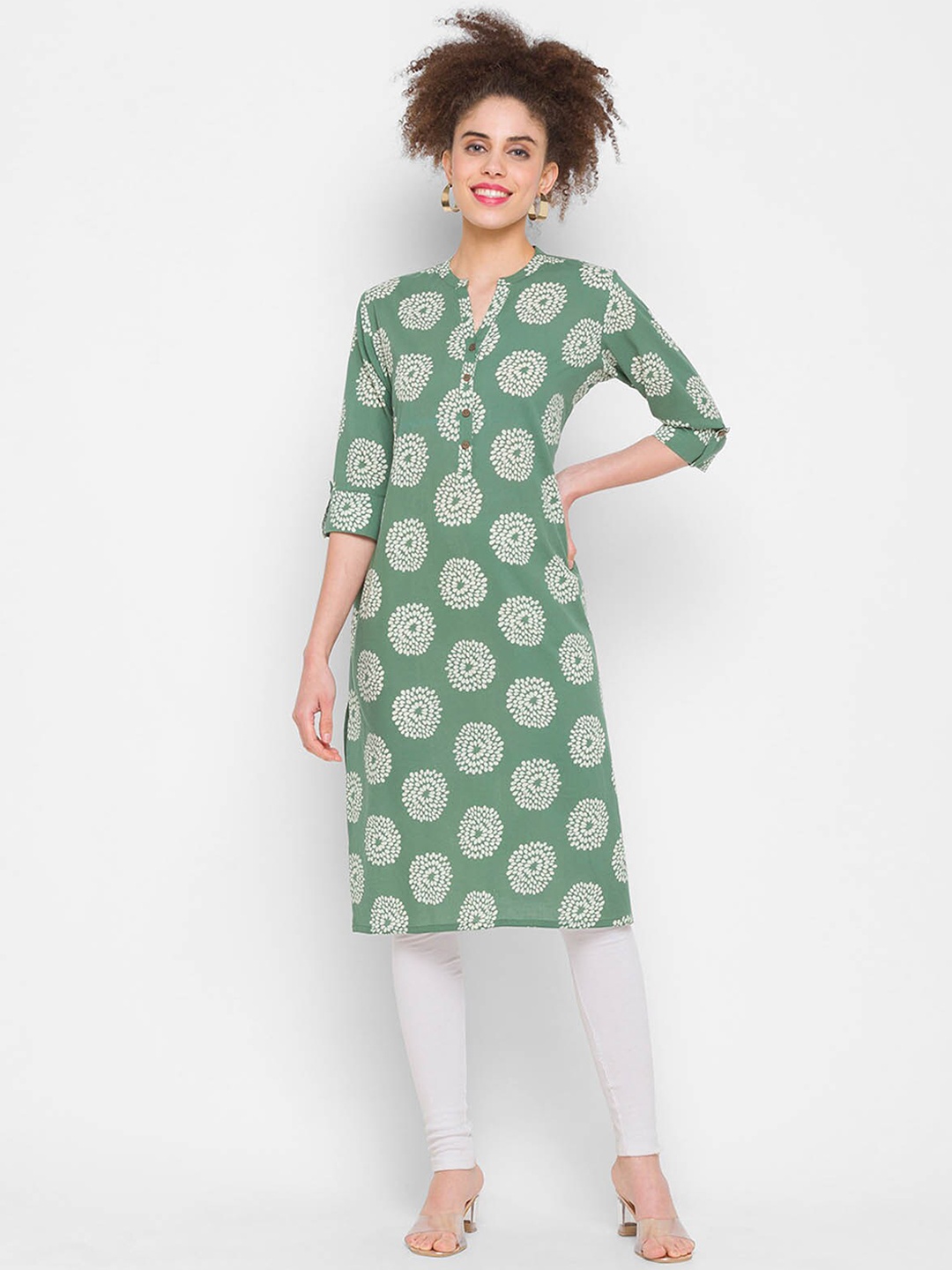 

ODETTE Ethnic Motifs Printed Roll Up Sleeves Kurta, Green