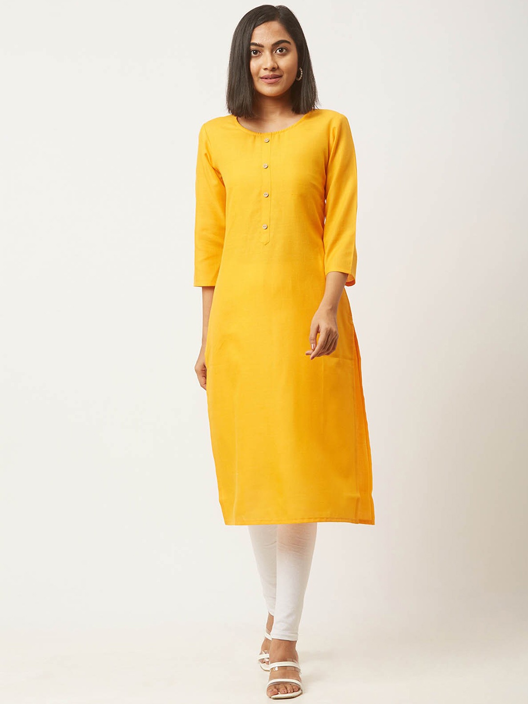 

ODETTE Round Neck Cotton Straight Kurta, Yellow