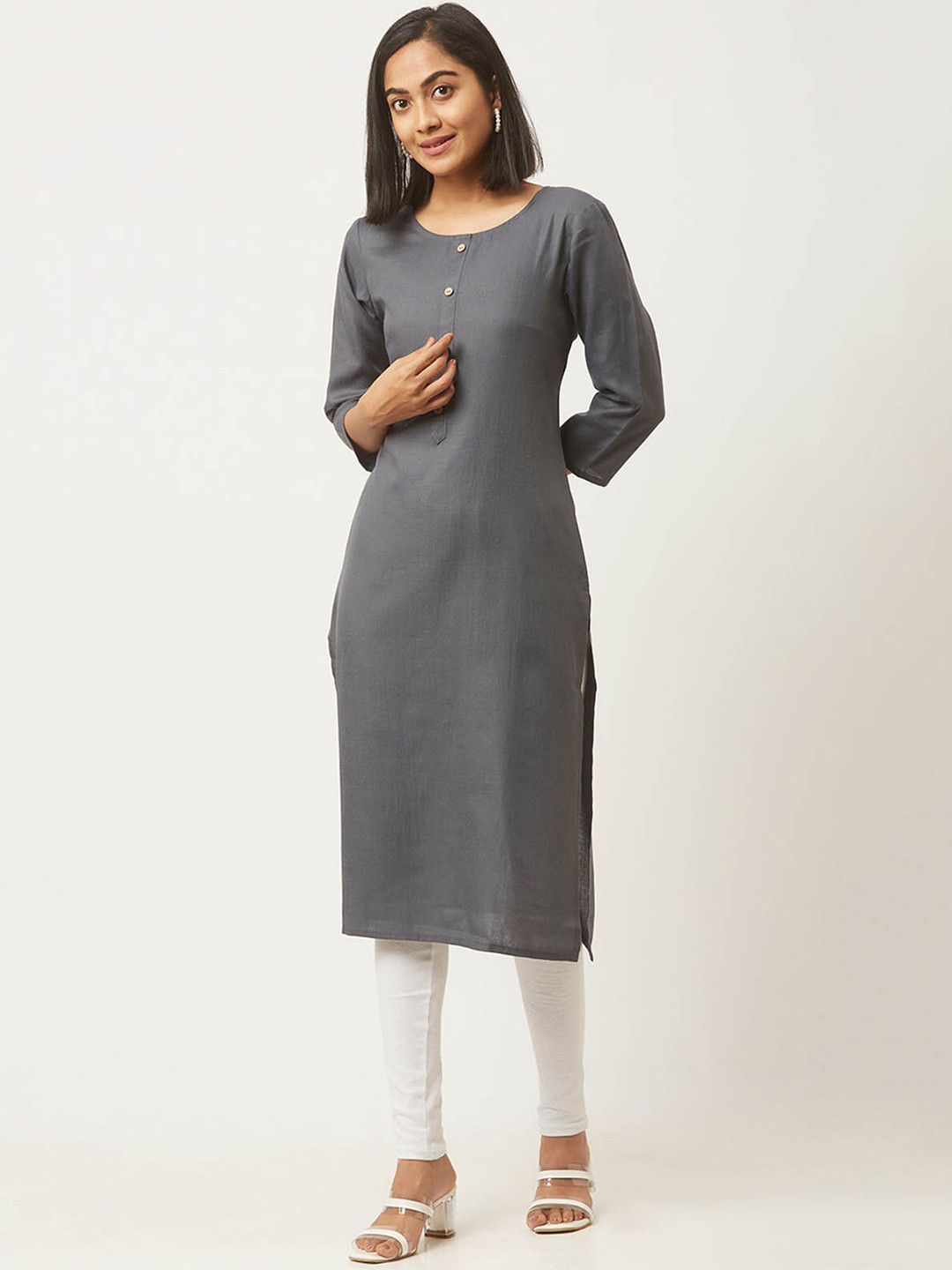 

ODETTE Round Neck Regular Sleeves Straight Casual Kurta, Grey