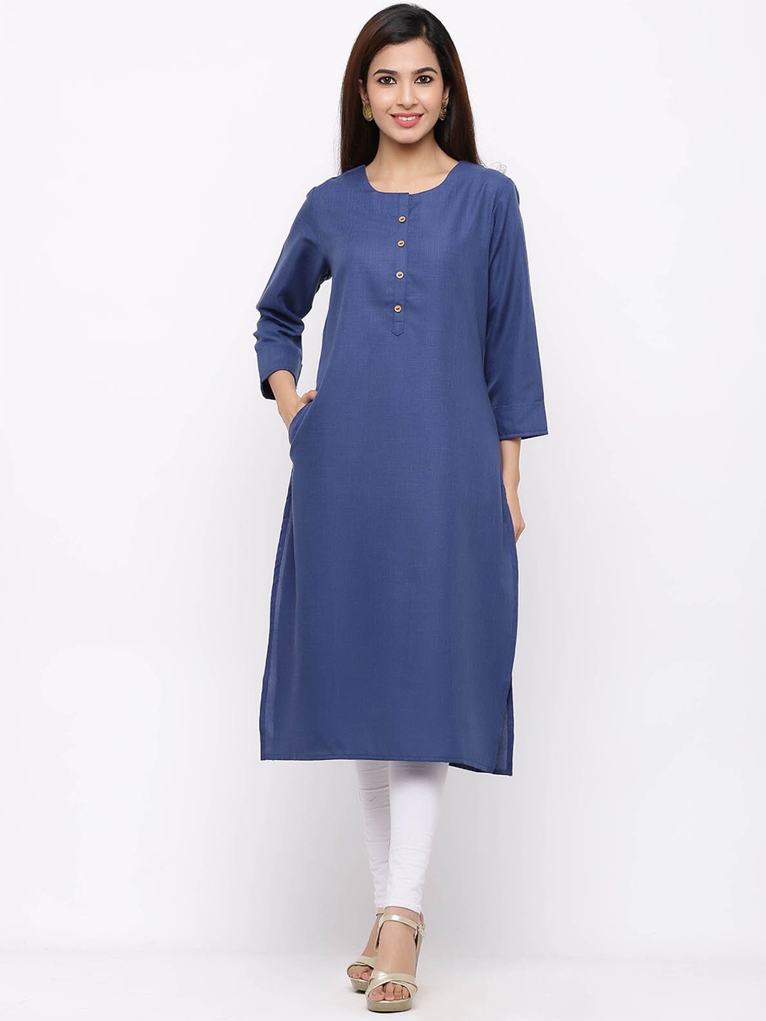 

ODETTE Round Neck Regular Sleeves Straight Casual Kurta, Blue