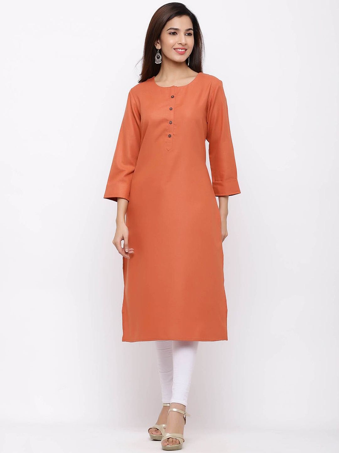 

ODETTE Round Neck Regular Sleeves Straight Casual Kurta, Orange