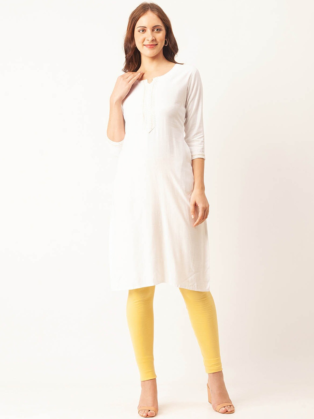

ODETTE Embroidered Round Neck Kurta, White